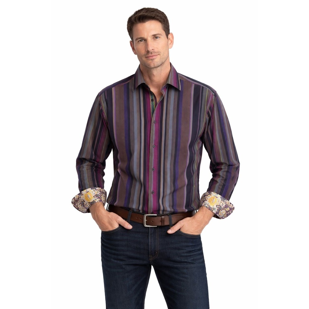 ROBERT GRAHAM Men's MEDIUM Strip Shirt Multicolor Flip Cuff Cotton Silk Trim